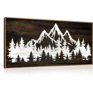LHIUEM Large Mountain Tree Framed Canvas Wall Art,Modern White Forest Art Prints,Abstract Country Woodcut Wood Wall Decor,Farmhouse Zen Artwork for Living Room Bedroom Office-20''x40''