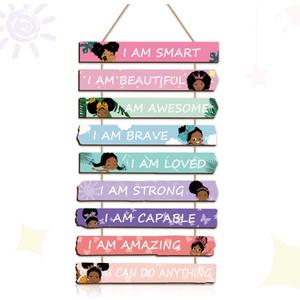 Set of 9 Black Girl Wall Art Decor Wood Motivational Girl Room Wall Art Rainbow Color Positive Inspirational Hanging Sign for Baby Kids Teen Present Bedroom Nursery Decoration