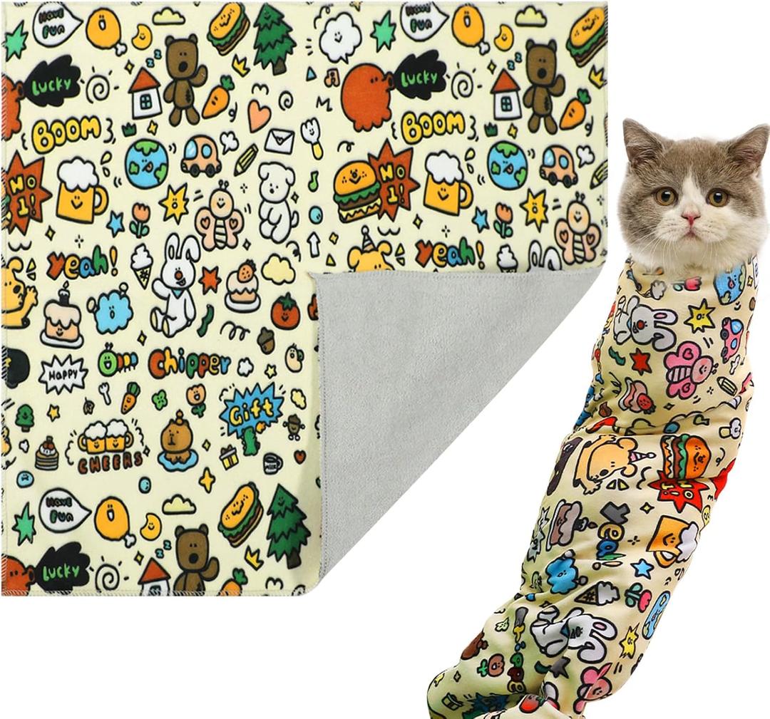 Cat Wrap for Grooming Cutting Nails Velcro Fabric for Cats Restraint for Nail Clipping Self Adherent Anti Bite Anti Scratch Swaddle Burrito Wrap (Yellow, L)