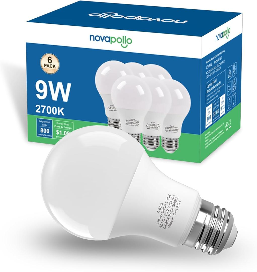 A19 LED Light Bulb, 60W Equivalent, Efficient 9W, 7 Year, 800 Lumens, Non-Dimmable, 2700K, Daylight White - 6 Pack