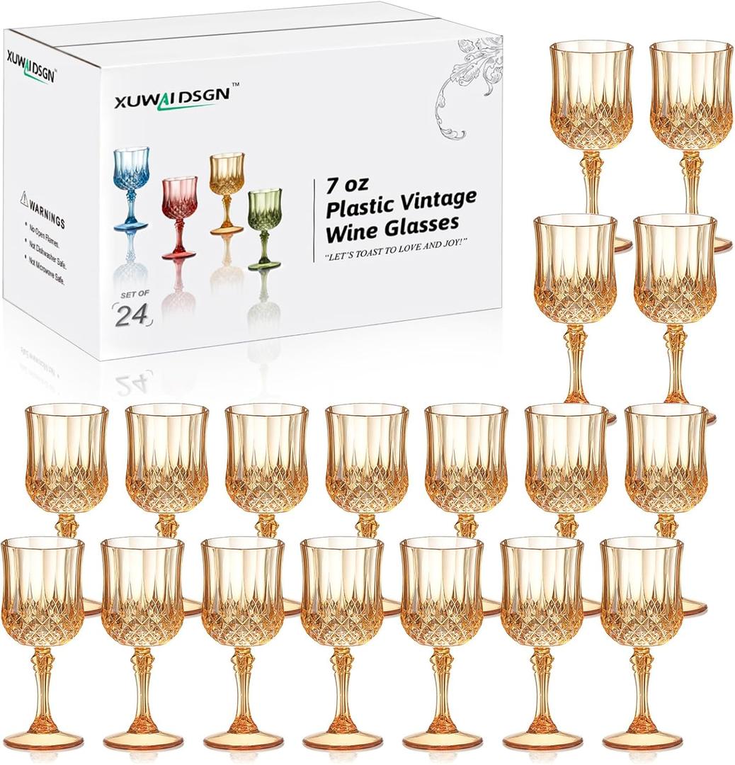 XUWAIDSGN 24 Pcs 7oz Plastic Vintage Glasses Drinking Glasses Unbreakable Wedding Glassware Crystal Water Goblets Reusable Drinkware Vintage Champagne Flutes (24, Amber)