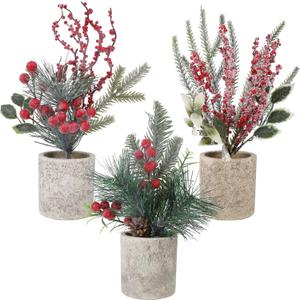 winemana Mini Christmas Tree Table Decorations Indoor, 3 Pcs Small Artificial Xmas Trees Decoration with Red Berries Pine Cone for Centerpiece Kitchen Office Tabletop Home Holiday Decor