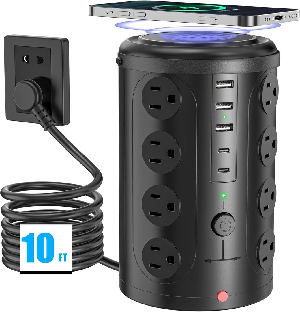 Surge Protector Power Strip,Desk Charging Station with 15W Wireless Charger, Multiple Outlets Charging Station with 16 AC Outlets & 5 USB (2 USB C) Port, for Home, Office, Dorm Room (10FT)