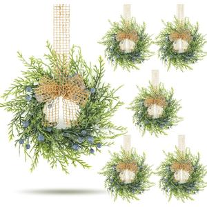6 PCS Small Spring Summer Blue Berry Cabinet Wreath Artificial Mini Kitchen Wreaths Vintage Swags Wreath with Retro Burlap Ribbon for Farmhouse Rustic Home Front Door Window Pillar Wedding Chair Wall