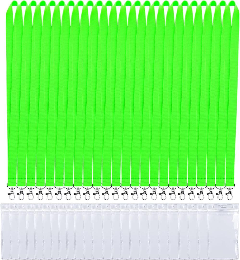 24 Pack Bright Neon Green Lanyard with Anti-Lost ID Holders for Cruise (Neon Green 24, Large)