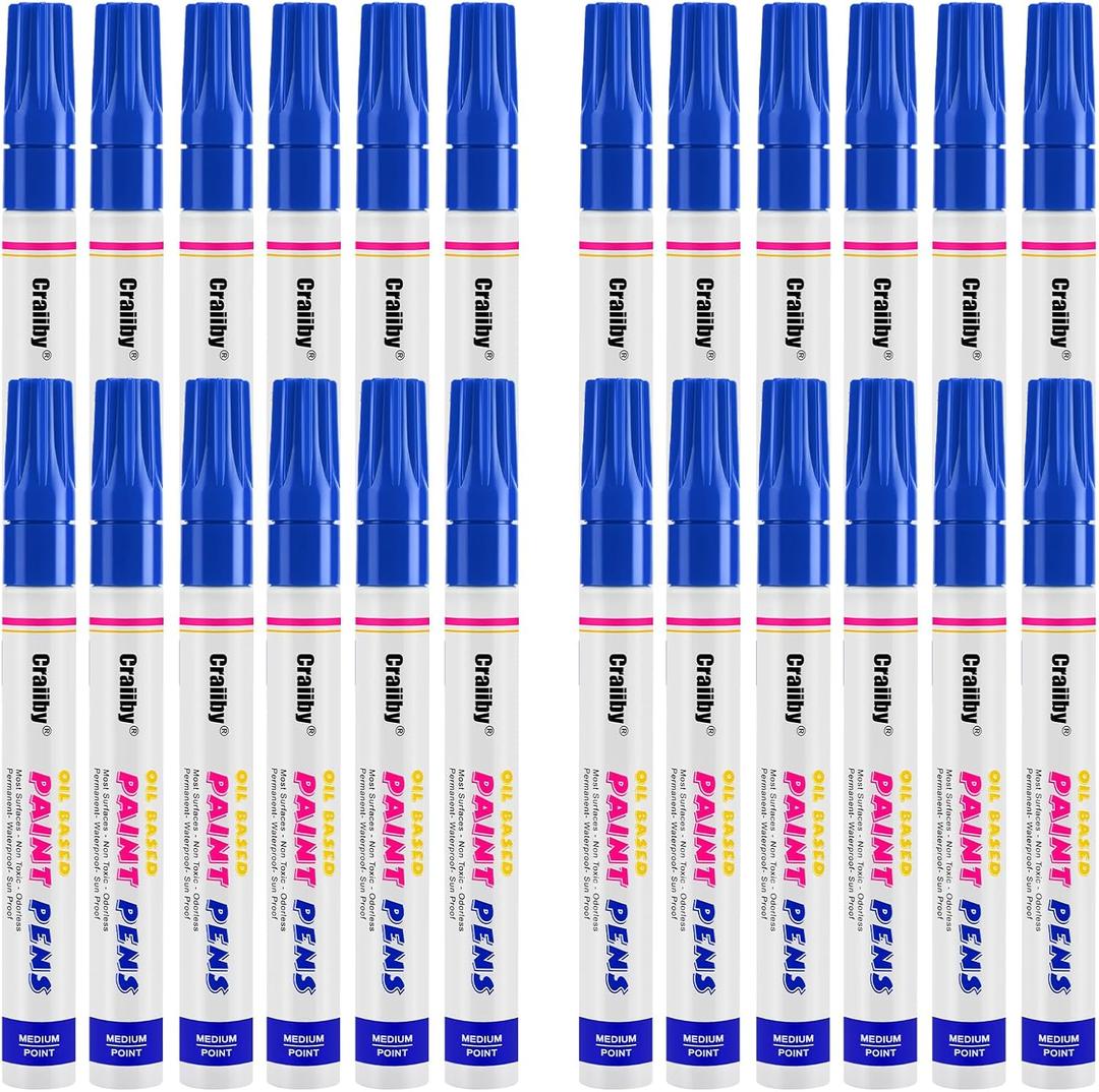 Blue Paint Markers, 24 Pack Oil-Based Waterproof Quick Dry Permanent Paint Pen Set for Rocks Painting, Wood, Fabric, Plastic, Canvas, Glass, Mugs, Metal, Tire, Stone, DIY Craft