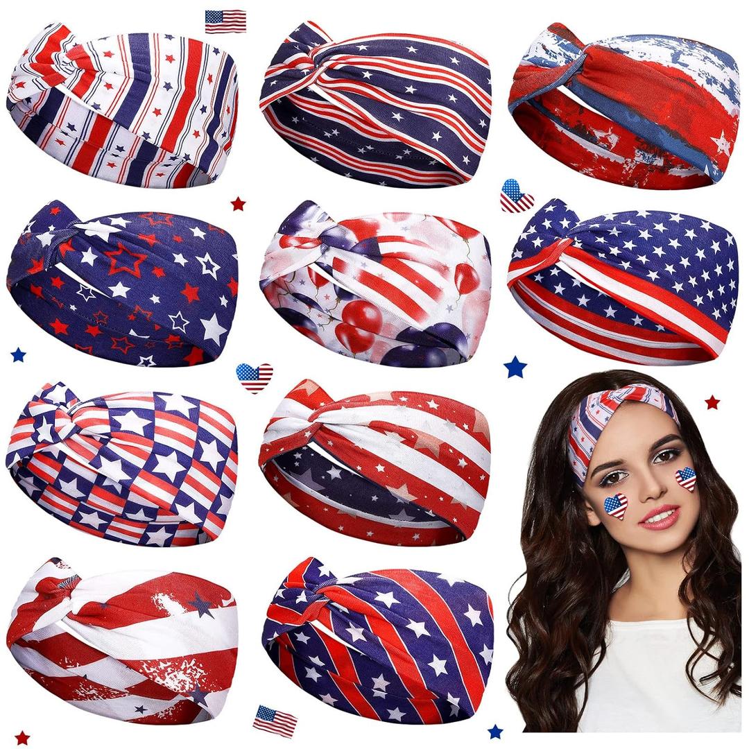Jutom 10 Pcs American Flag Headbands for Women Red White Blue 4th of July Patriotic Twisted Hair Band USA Patriotic Stretchy Athletic Hair Accessories for 250th Independence Day Memorial Day