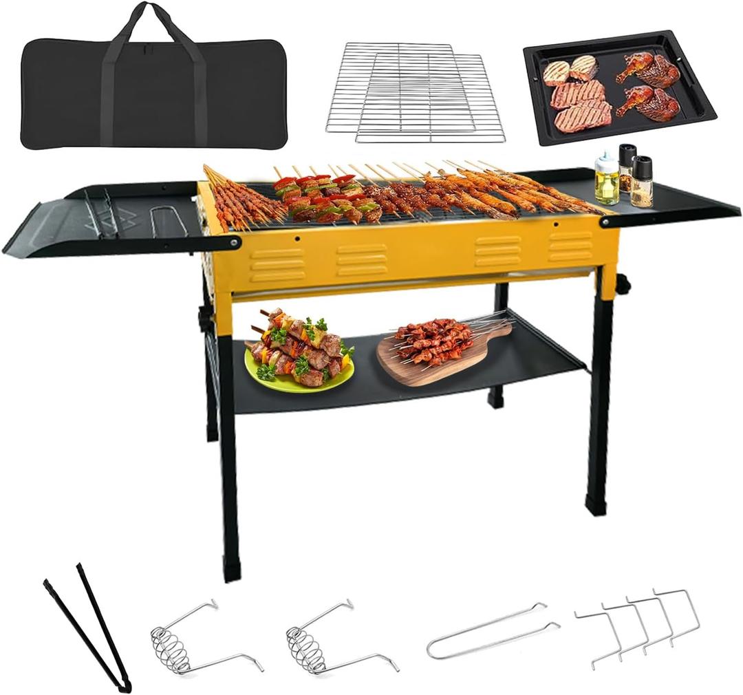 Portable Charcoal Grill, Folding Camping Grills for Hibachi Skewers Stainless Steel, Portable BBQ Grill for Outdoor Cooking Backyard Camping Picnics Beach (47.2*12.2*24.4 In, Yellow & Black)