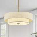 VONLUCE Modern Chandeliers, 18" Drum Chandeliers with 2-Layer Fabric Shade, 4-Light Pendant Light Fixture with E26 Bases, Light Fixture for Dining Room Bedroom Living Room, Linen Shade & Brass Finish