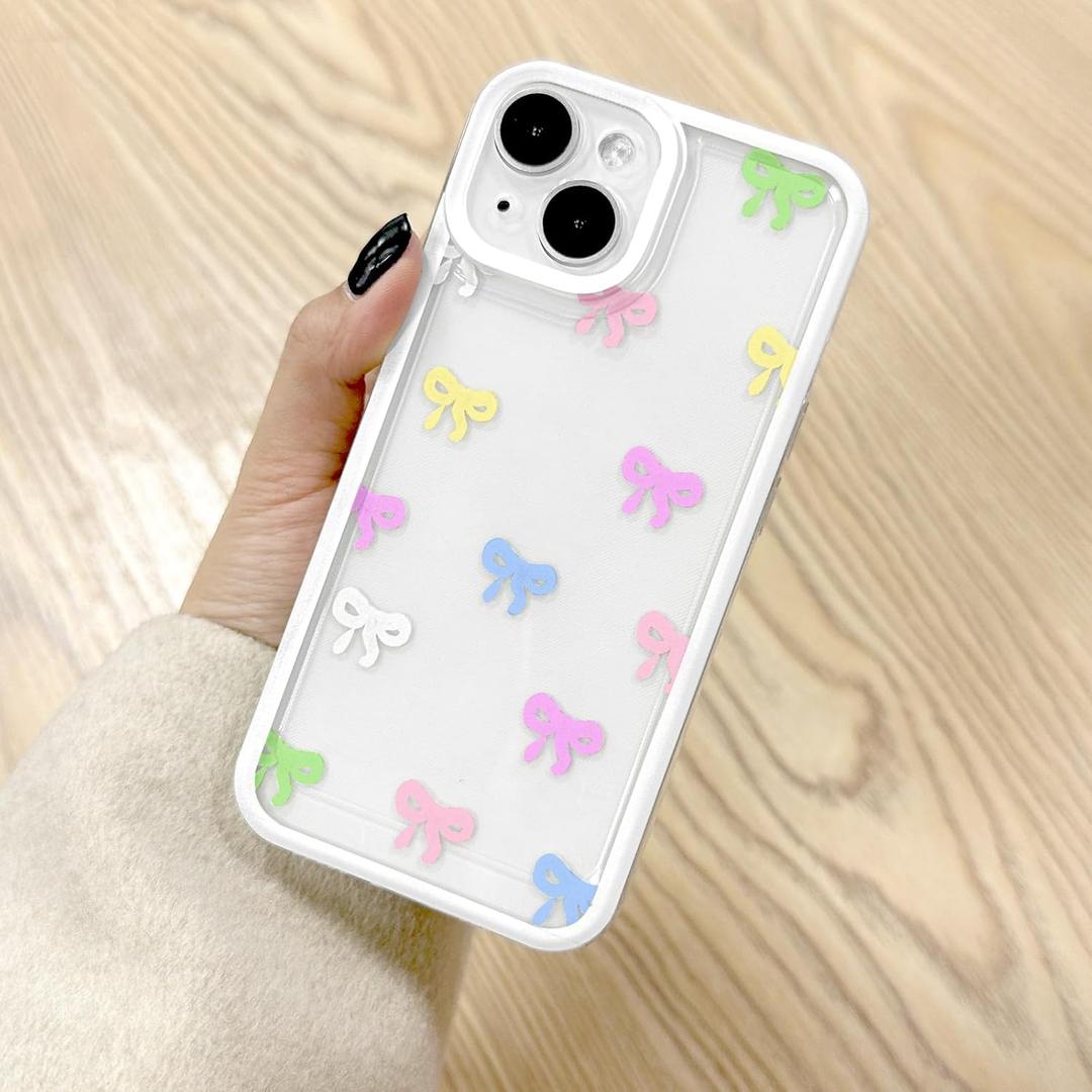 EYZUTAK Case for iPhone 13, Clear Cute Ribbon Bowknot Pattern Aesthetic Transparent Phone Case Raised Camera Protection Stylish Slim Soft Durable TPU Protective Cover for Women Girls - Colorful