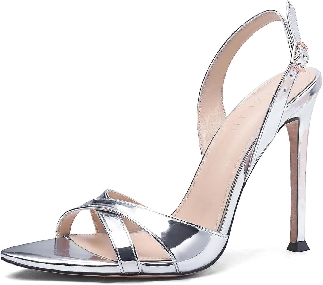 Women's High Heel Sandals Pointed Open Toe Stiletto Ankle Strap Evening Dress Shoes Cross Strap Wedding Party Slingback Prom Sexy Pumps Strappy Dressy Heeled(Silver, US Size 6)