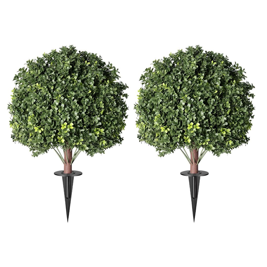 LeafVerse 26" Artificial Boxwood Topiary Ball Tree with Ground Spikes, 2 Pack UV Resistant Fake Outdoor Plants for Front Door Porch Garden Patio Entryway Decor, Realistic Faux Shrub Height