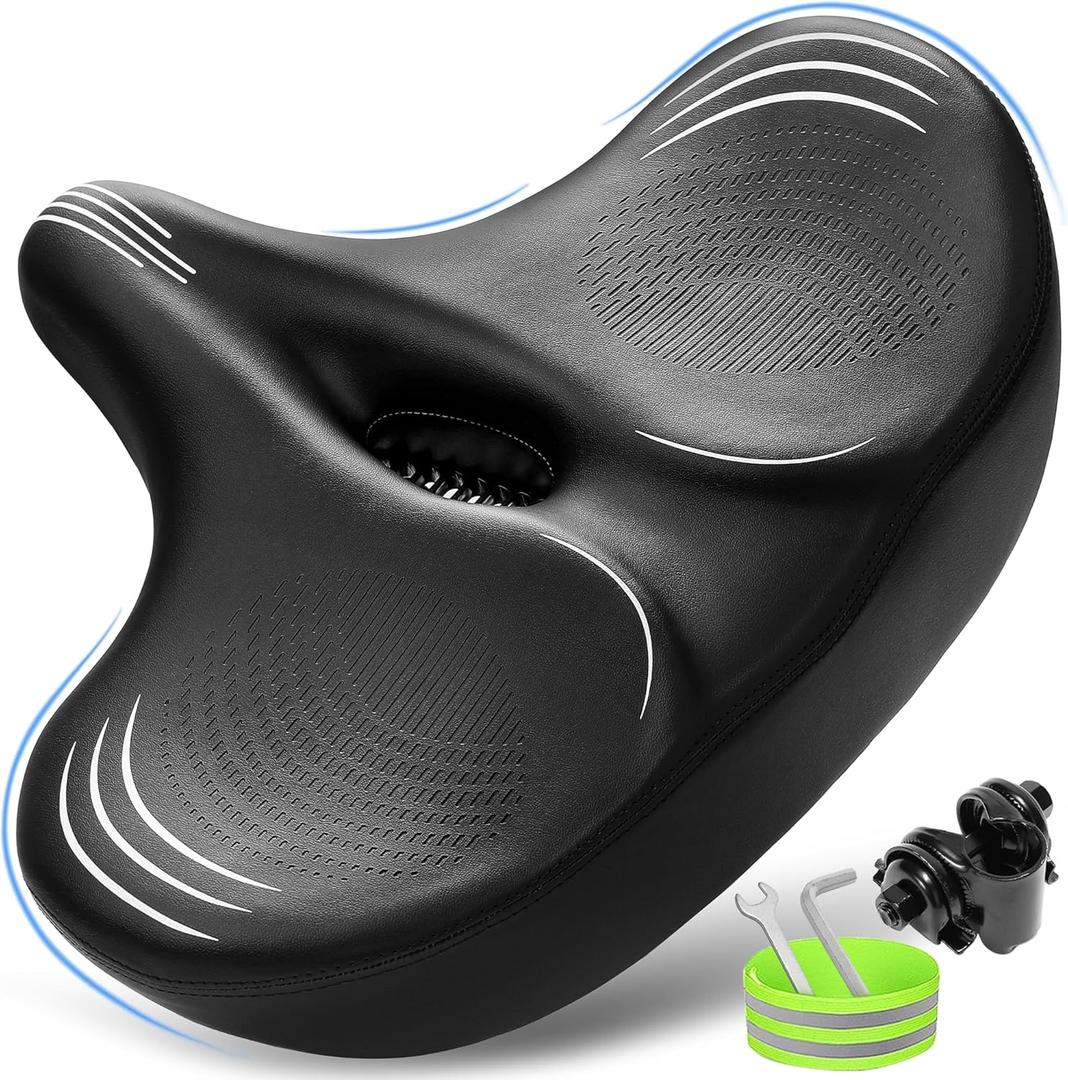 Oversized Bike Seat for Men & Women Comfort, Extra Wide Bicycle Seat Cushion, Comfortable Wing Padded, Large Replacement Saddle for Peloton, Stationary Exercise Bike, Ebike, Cruiser, City Bike (C2, Black - White)