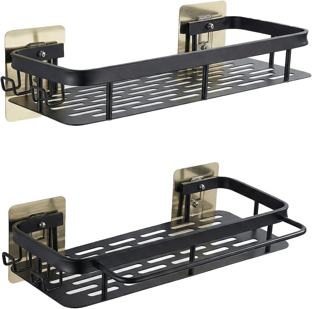 2Pcs Adhesive Shower Caddy, Rustproof and Sturdy Organizer With towel bar, Over Toilet Bathroom Organizer Rack Storage, Bathroom Decor and Easy Installation, Shower Corner Shelves (Black)