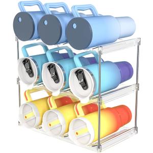 Yieach 3 Tier Stackable Water Bottle Holder for Cabinet and Pantry- Large Compartment Water Bottle Organizer Rack for Bottle and 40 oz Stanley Cup, Yeti and Tumbler Water bottle Organizer Storage (Clear)