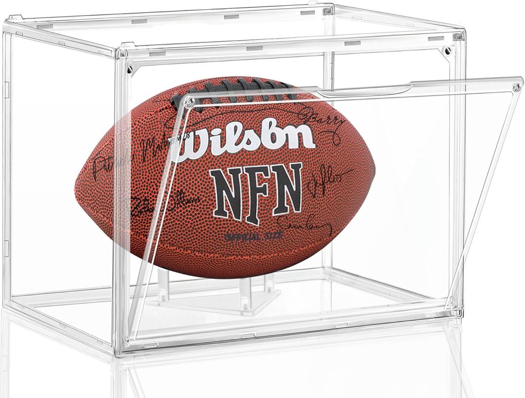 Football Display Case, KKU Acrylic Clear Football Case Full Size with Magnetic Door, Professional Memorabilia Football Display Boxes Football Holder Dust and UV Protection