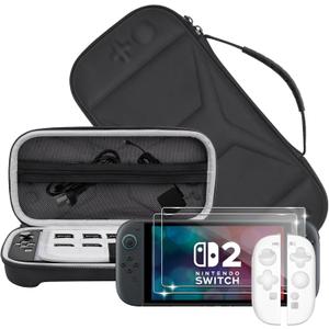 Carrying Case for Nintendo/NS Switch 2 for (2025) Storage Case Cover,Black Hard Shell Portable Handbag with 2 Pack Tempered Films and a Transparent Silicone Handle 3 in 1