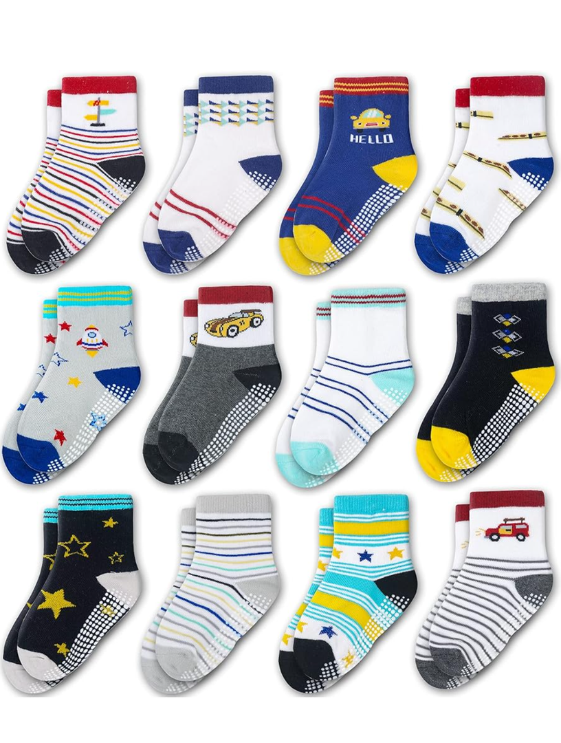 Evercute Toddler Girls Grip Socks 12 Pack Boys Non Slip Socks for Kids Anti Skid