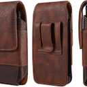 Cell Phone Belt Clip Bag Leather, Mobile Phone Blet Pouch Mens, Universal Waterproof Leather Smartphone Belt Loop Holster with Card Holder Carabiner Hook Wallet Purse Pocket for Outdoor Sport Travel (6.9 INCH, Brown)