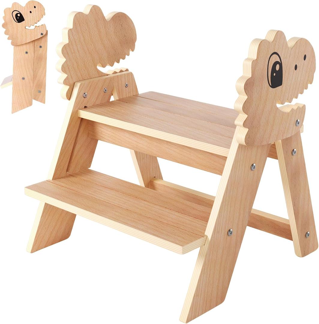 Beech Wooden Toddler Step Stool, 2-Step Foldable Stool for Kids with Non-Slip Surface, Baby Bathroom Stool for Potty Training, Bathroom Sink, Kitchen Counter with Cute Dinosaur Design