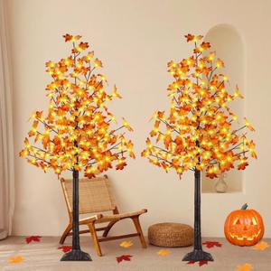 2 Pack 5FT Artificial Lighted Maple Tree, Fall Decor Artificial Tree with Timer, 192 LED Light up Fall Maple Tree for Indoor Outdoor Autumn Home Party Decoration