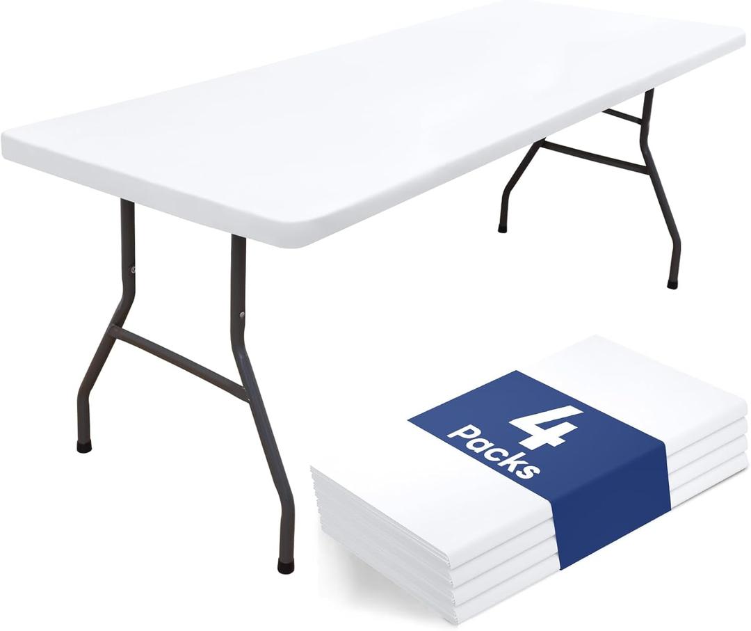 homing 4 Packs 6 Foot Rectangle Table Cloth, Waterproof Polyester Elastic Fitted Tablecloth, Washable Table Cover for Picnic, Camping, Outdoor (White, 30" x 72")