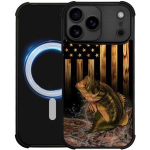 DJSOK Case for iPhone 17 Pro,Compatible with MagSafe,Anti-Scratch Shockproof Case,Wood American Flag Fish