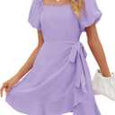 Sampeel Womens Summer Dresses Square Neck Puff Sleeve Tie Waist Short Dress XXL