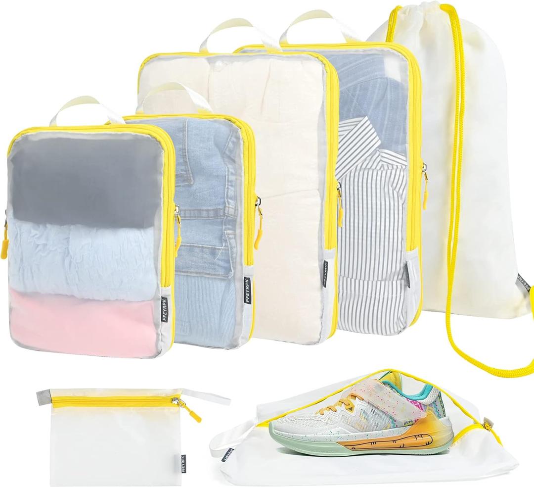 Lightweight Compression Packing Cubes for Suitcases, Compressible Expandable Travel Packing Organizer with Clear Toiletries and Backpack Bag, Travel Essentials for Carry on Luggage 7 Set (Mesh white/Yellow)