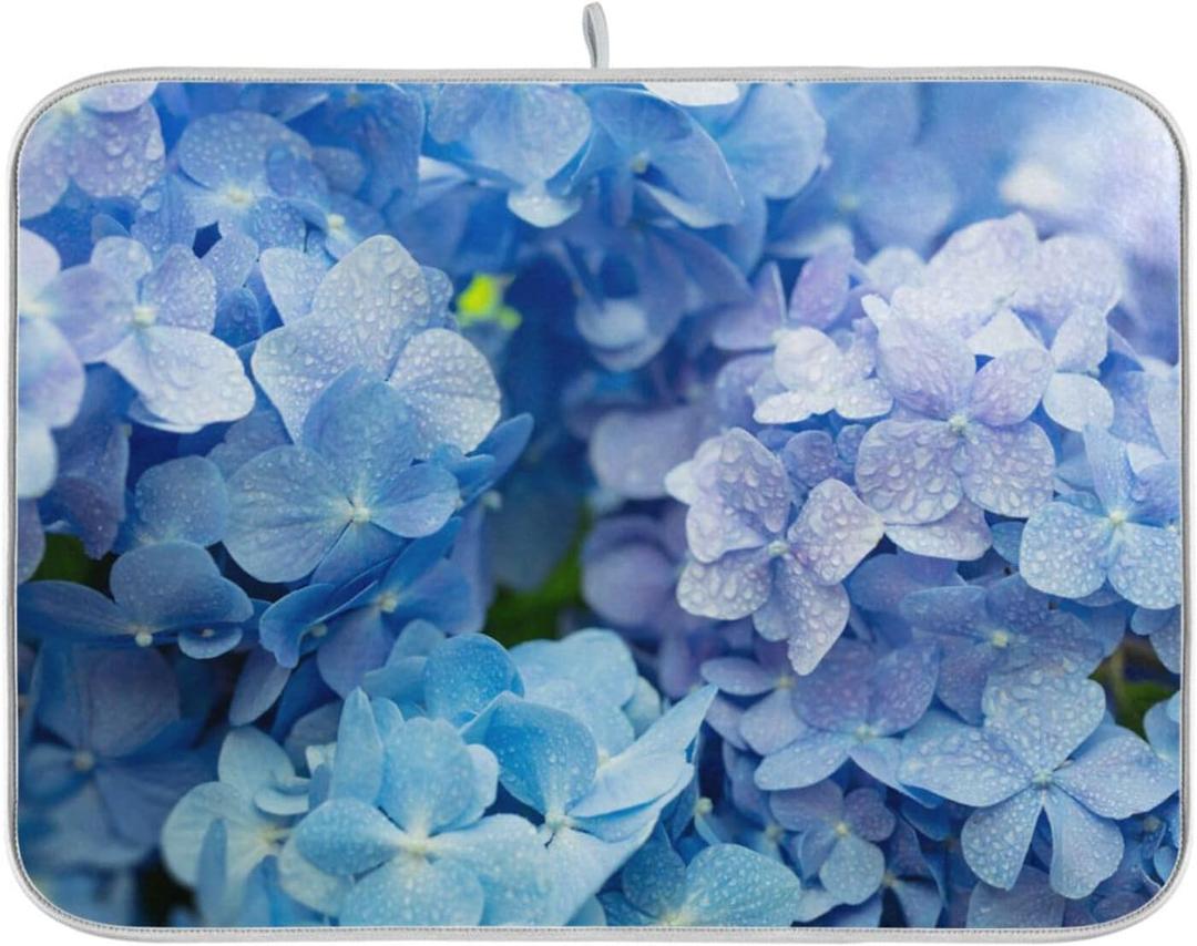 Tarity Blue Hydrangeas Dish Drying Mat for Kitchen Counter Absorbent Heat Resistant Microfiber Dishes Drainer Mat 16x18 in Dish Pad Sink Mat Protective Pad Kitchen Decor