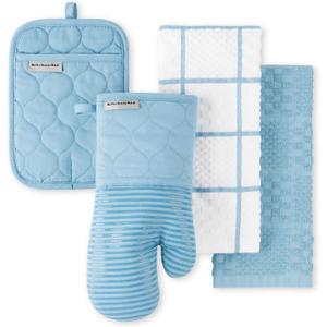 KITCHENAID Quilted Cotton Terry Cloth Oven Mitt, Pot Holder, Kitchen Towel 4-Pack Set, Heat Resistant, Silicone Grip, Gift Set, Blue Velvet, 16"x26", 7"x13" & 7"x10"