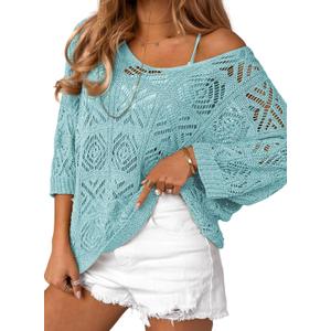 Sidefeel Women's 2025 Spring Summer Crochet Tops Off The Shoulder Hollow Out Knit Tops 3/4 Sleeve Pullover Sweater Cover Ups (Blue, M)