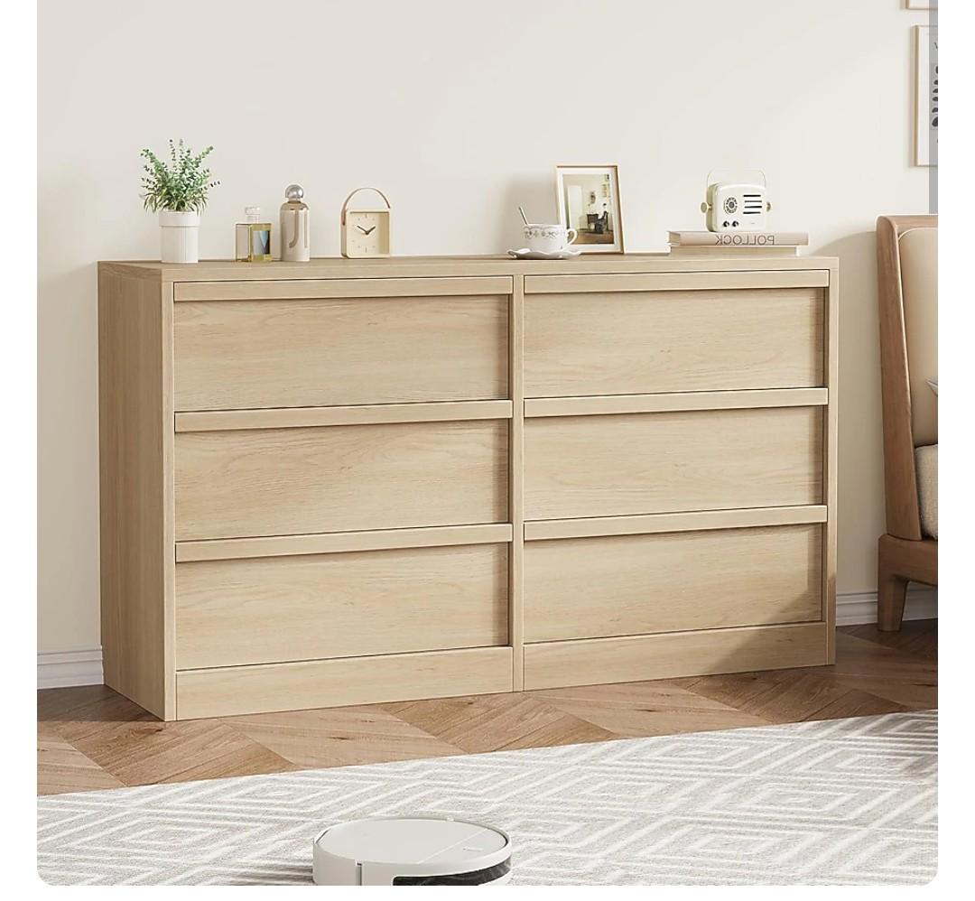 6 Drawer Dresser for Bedroom - Modern Double Dresser Organizer with 6 Drawers Large Storage - Wooden Chest of Drawers for Living Room/Nursery/Hallway - Natural
