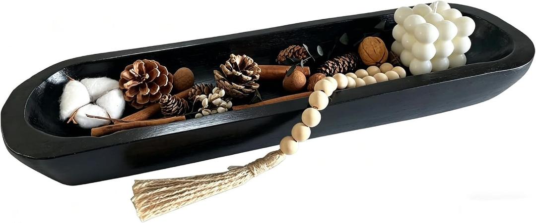 Wooden Dough Bowls Decorative，Rustic Bread Long Bowls Decor Wood Tray, Hand Carved For Table Centerpiece Decor, Home Decor (20 * 6 * 2 inch Black), LARGE