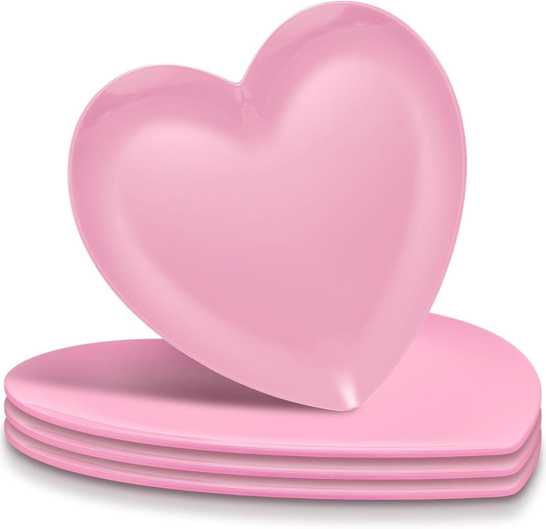 4 Pcs 9.5 Inch Heart Shaped Melamine Plates Dinner Plates Heart Dinnerware Dishes for Valentines, Birthdays, Bridal Showers, Baby Showers (Pink)