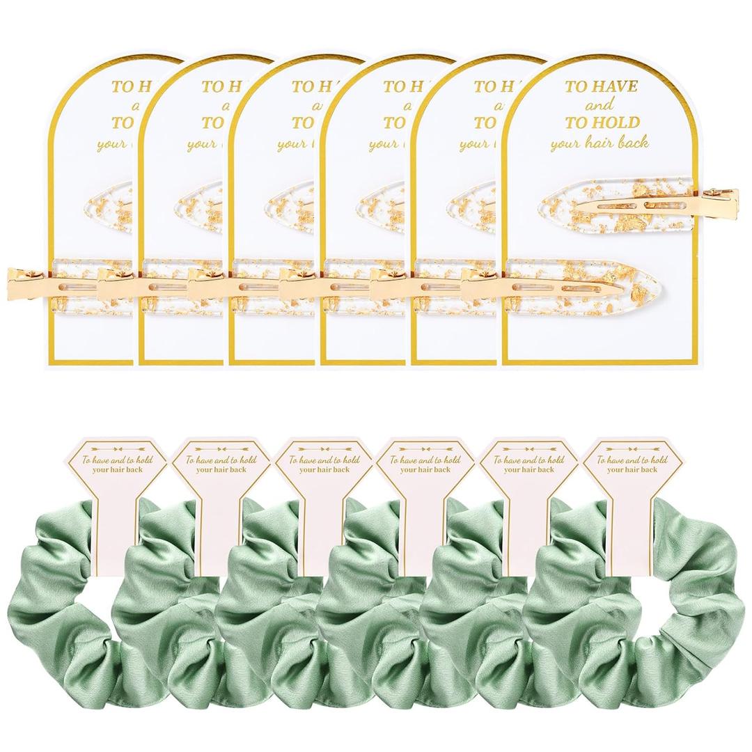 12 PCS Bridesmaid Proposal Gifts Bridesmaid Hair Clips Bridesmaid Scrunchies Bridal Shower Gifts Silk Satin Soft Hair Accessories Bridesmaid Wedding Favor Women Girls (Gold & Green)