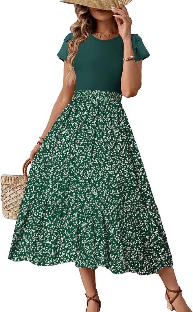 Dokotoo Women's 2026 Summer Dress Short Sleeve Crew Neck Casual Floral Print Long Flowy Dresses Maxi Dresses (Green, L)