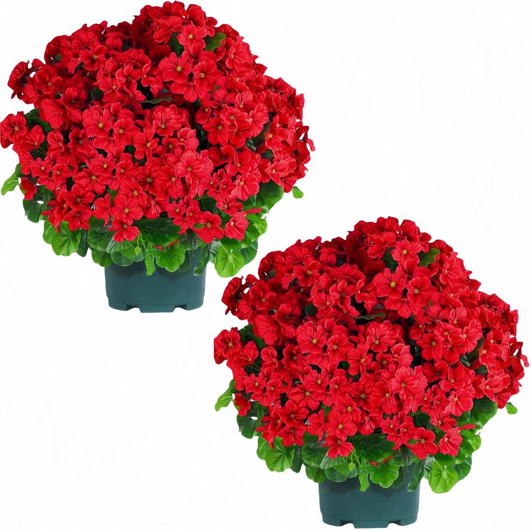QIANYUN Artificial Geranium Bush  20 Inch Outdoor Potted Artificial Plant for Front Porch, UV Resistant Faux Flower Bush for Garden, Yard & Patio Decor (2 Pack) (Red)
