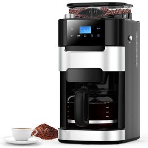 Joy Pebble 10-Cup Drip Coffee Maker with Built-in Grinder, Touch-Screen Programmable Brew Coffee Machine with Timer, 8 Grinding Settings, Reusable Filter, Keep Warm Plate, 50.7oz Water Tank