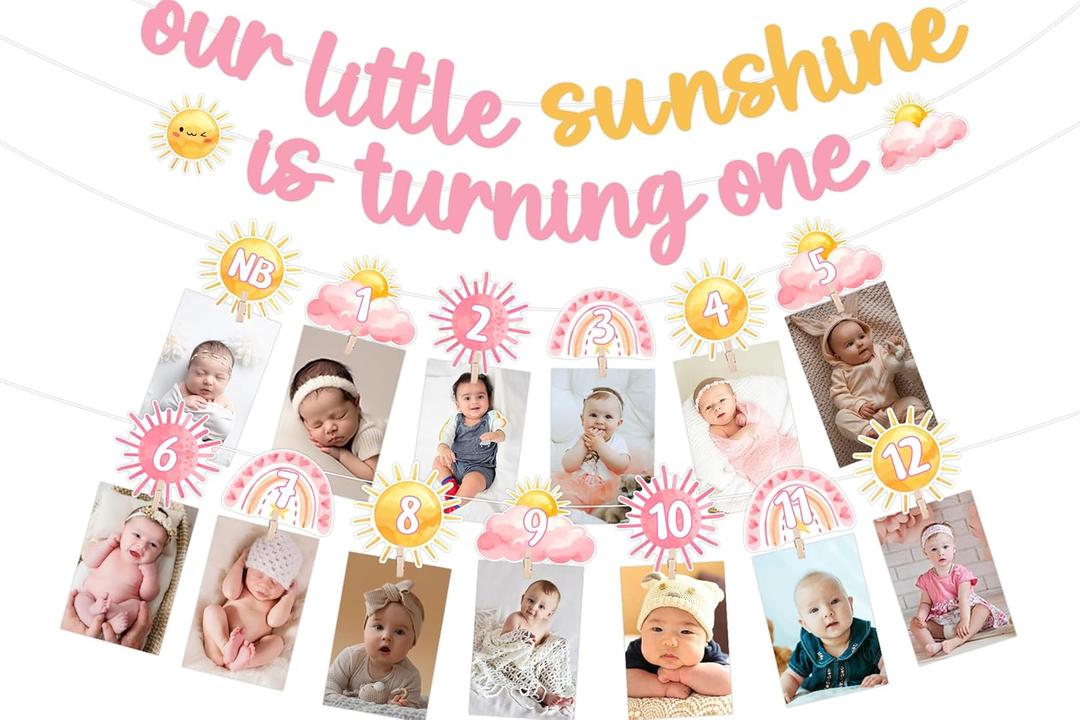 Our Little Sunshine Is Turning One Banner with 1st Birthday Photo Banner for Baby Newborn to 12 Months, Pink Yellow Sunshine 1st Birthday Decorations for Girls