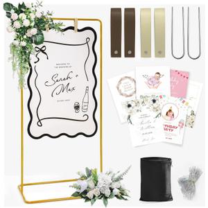 Wedding Welcome Sign Stand with Light, Welcome to our Wedding Sign Holder, Gold Easel Stand for Sign Poster With Design Bundle & Ground Stakes & Leather Sign Hanging Straps, Linen Sign Stand for Wedding Decor