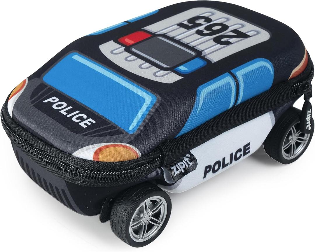 ZIPIT Police Car Pencil Case for Boys, Large Capacity Pencil Box for School with Spinning Wheels, Blue