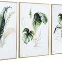ArtbyHannah Bathroom Framed Wall Art, Botanical Canvas Paintings Wall Decor with Green and Gold Gilded Textured Modern Nature Pictures Plant Prints for Living Room Bedroom (16x24 Inch, Set of 3)