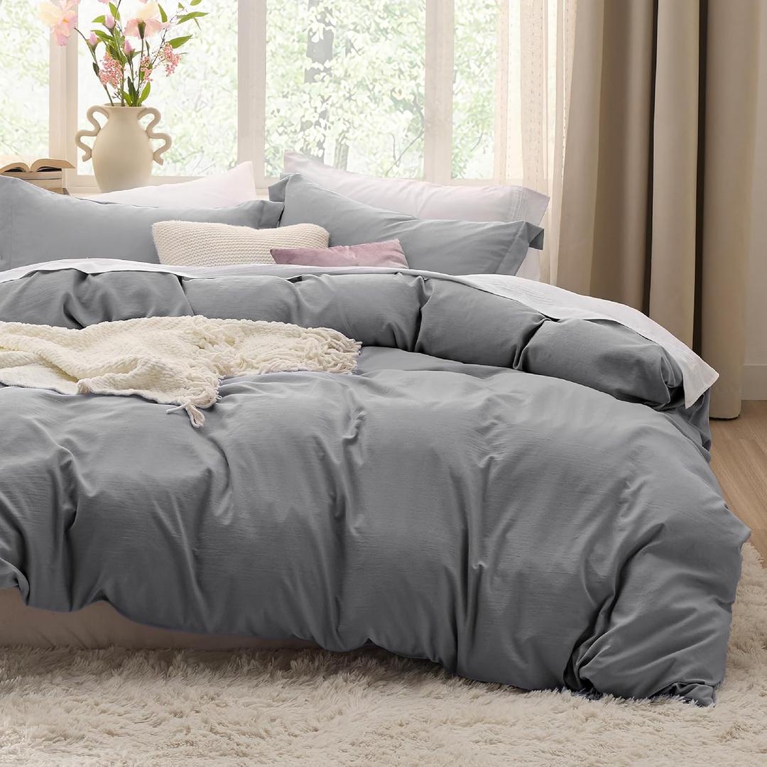 Bedsure Grey Duvet Cover Queen Size - 3 Pieces Prewashed Cotton-Like Polyester Extra Soft Bedding Set, Includes 1 Duvet Cover 90x90 Inches with Zipper Closure & 2 Pillow Shams, Comforter Not Included