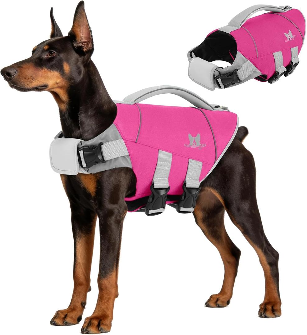IDOMIK XXL Dog Life Jacket High Flotation, Ripstop Reflective Dog Life Vest for Swimming Boating, Safety Lifesaver with Rescue Handle & Buoyancy, Adjustable Swimming Vest for Large Dogs,Rose,2XL