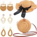 Pinkunn 5 Pcs Women Straw Bag and Beach Hat Set, Boho Rattan Purse Earring Bow Wide Brim Sun Hat for Summer Vacation(Classic)