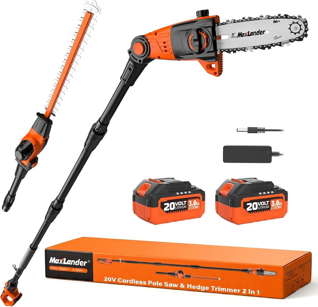 MAXLANDER 2-in-1 Cordless Pole Saw & Hedge Trimmer, 8-Inch Electric Pole Saw 18-Inch Pole Hedge Trimmer, 15ft Max Reach, 16ft/s Speed, Auto Oiling, with 20V 2X3.0Ah Battery & Charger for Tree Trimming