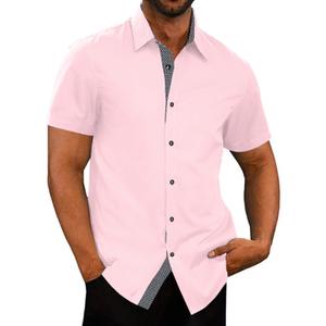 JMIERR Men's Casual Button Down Shirts Wrinkle-Free Short Sleeve Business Dress Shirt (Pink, XL)