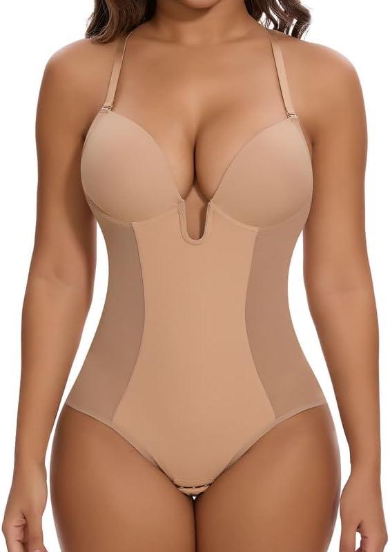 SHAPERIN Women's Backless Shapewear Tummy Control Body Shaper Bra Faja U Plunge Low Back Shapewear Bodysuit (Small, Nude)