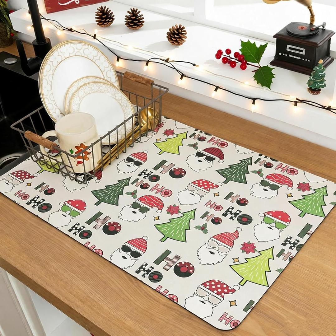 Christmas Coffee Mat 12"x20",Dish Drying Mat for Kitchen Counter, Absorbent Anti-Slip Bar Mat for Countertop, Fit Under Coffee Maker or Dish Drying Rack